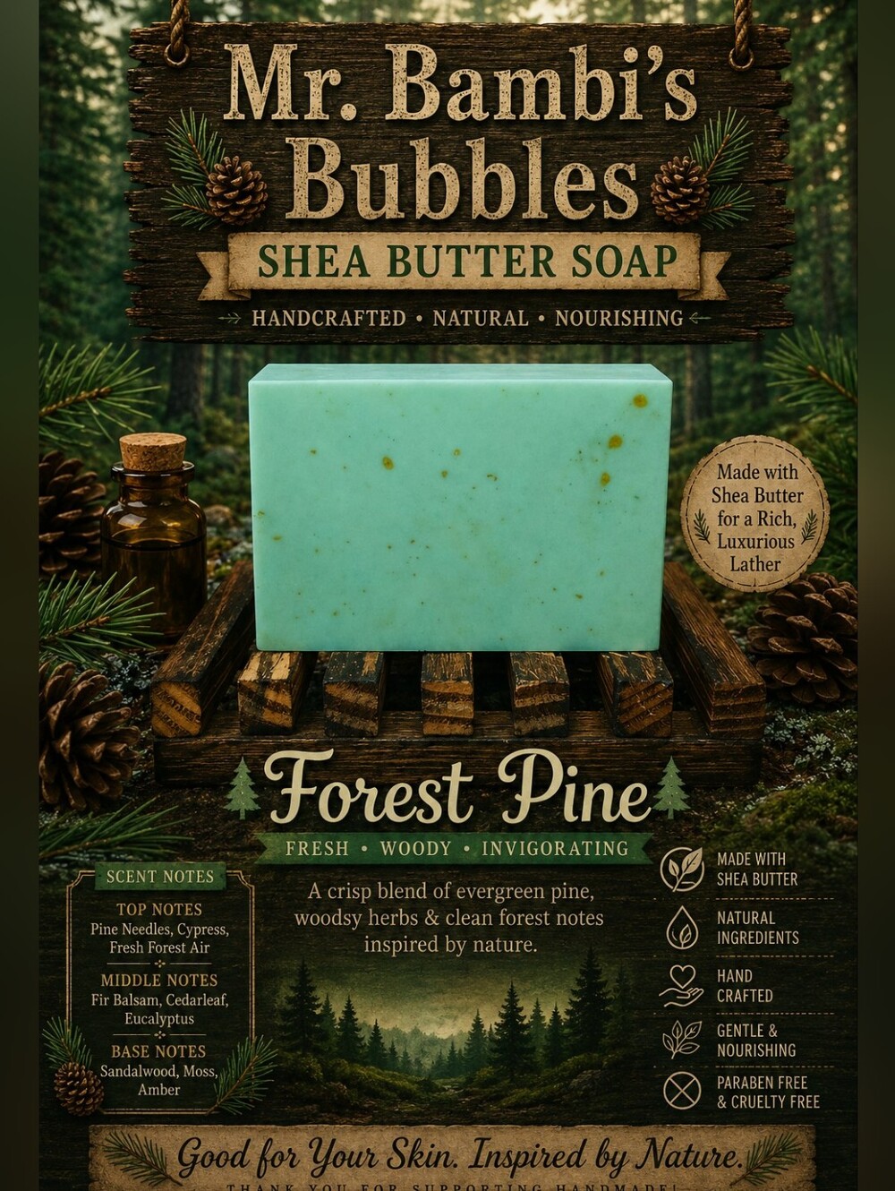 Forest Pine Hand Crafted  4oz Bar Shea Butter Soap